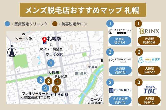 札幌で通いやすいメンズ脱毛店をマップで図解