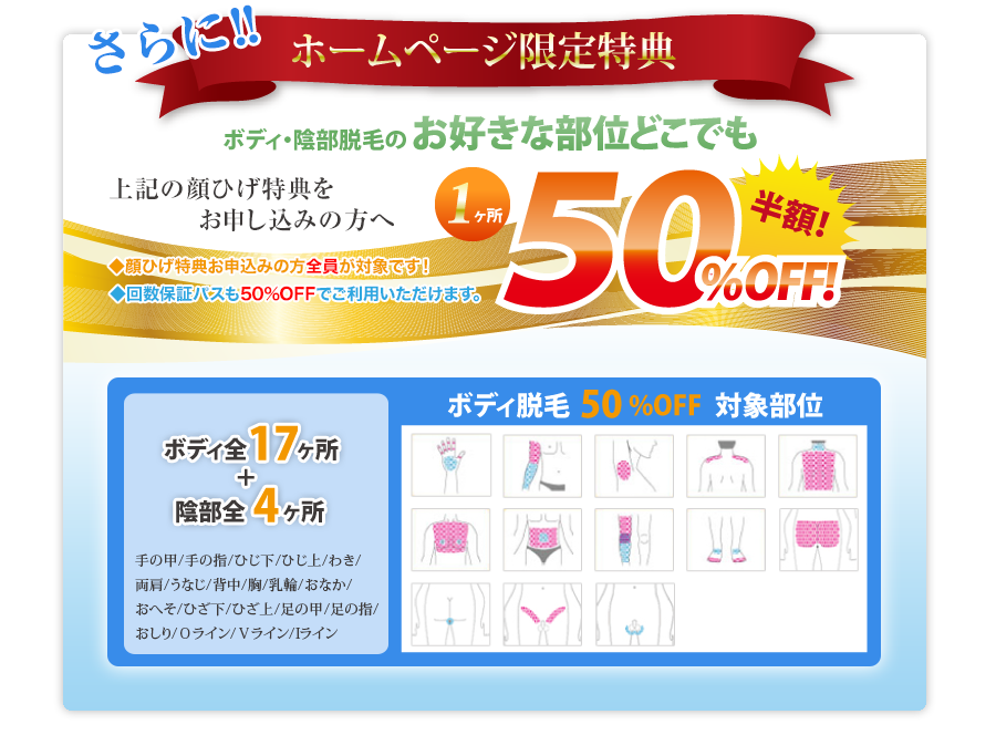 ボディ・陰部脱毛のお好きな部位どこでも