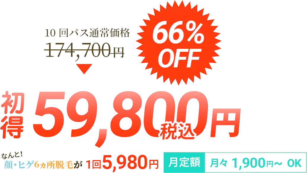 66%OFF 10回パス通常価格174,700円 → 初得59,800円税込 顔・ひげ6ヵ所脱毛がなんと!1回5,980円 月定額月々1,900円~OK